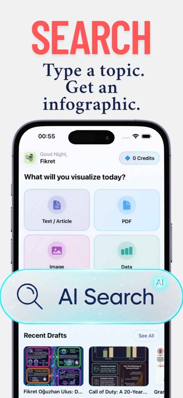 Vix AI home screen with text, PDF, image, data, and AI Search infographic inputs