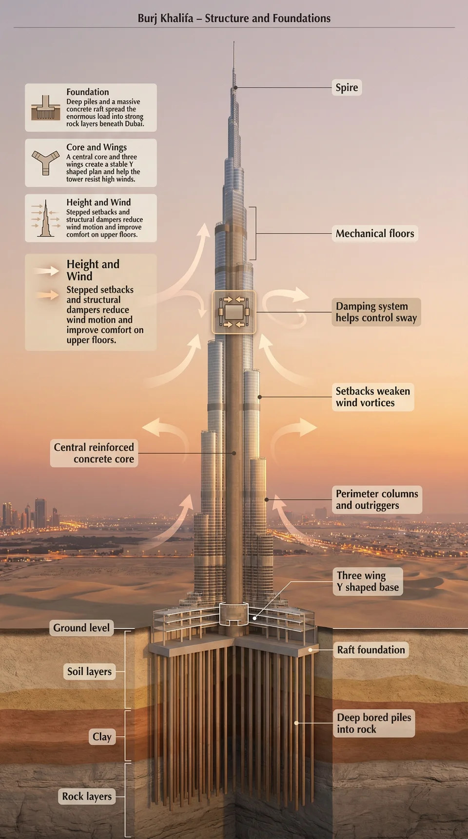 An illustrated look inside the Burj Khalifa, from spire to foundations